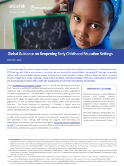 Global Guidance on Reopening Early Childhood Education Settings