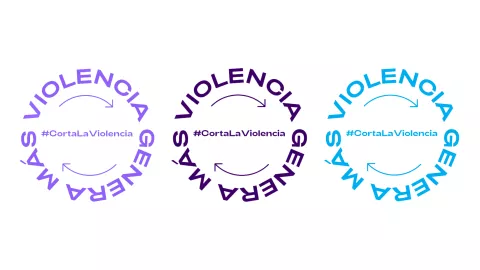 Tres logos que dicen la violencia genera más violencia y en medio dicen corta la violencia