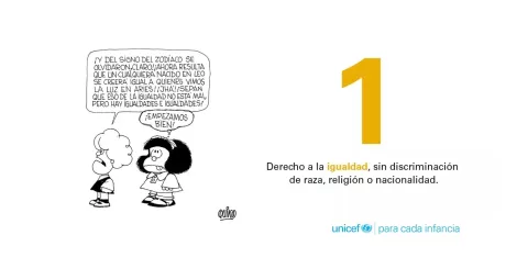 Ilustración de Mafalda, por Quino, sobre derechos del niño, con logo UNICEF incluido