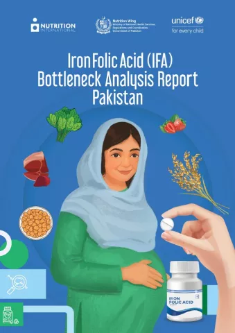 An illustration of a pregnant woman wearing Pakistan flag colors, green and white. Nutrition items such as meat, corn, beans, fruits etc. are shown hanging around her. In the bottom right, an illustrated hand is offering a tablet of Iron Folic Acid. 