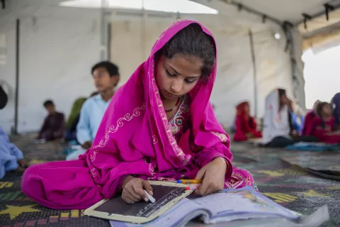 12-year-old Farzana has recently returned to school after a four-year absence. 