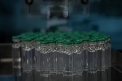 COVID-19 vaccine vials at a manufacturer in Pune, a city located in the western Indian state of Maharashtra, in February 2021.