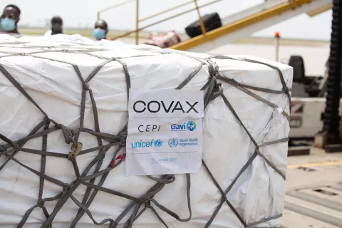On Friday 26 February 2021, a shipment of COVAX COVID-19 vaccines arrive at the airport in Abidjan, Cote d’Ivoire. 