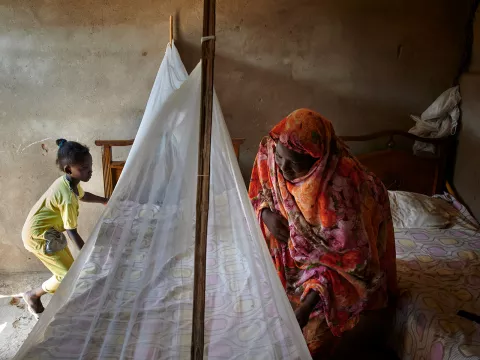 A girl child assist her mother to put up a mosquito net in her house