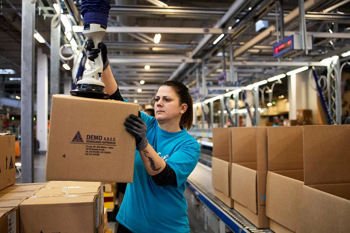 Packing line at the UNICEF’s Supply Division in Copenhagen, in March 2019.